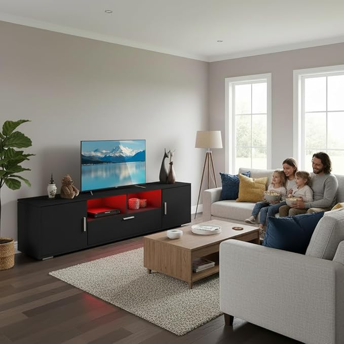 63 Inch Black TV Stand with 16-Color LED Lights, Classic Modern Entertainment Center with Horizontal Drawer & Side Cabinets for TVs up to 75 Inches, Wood Media Console