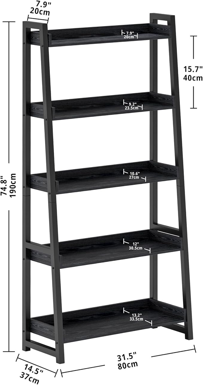 IRONCK Industrial Bookshelf 5-Tier 31.5 in Wide, Bookcase Ladder Shelf, Stora...