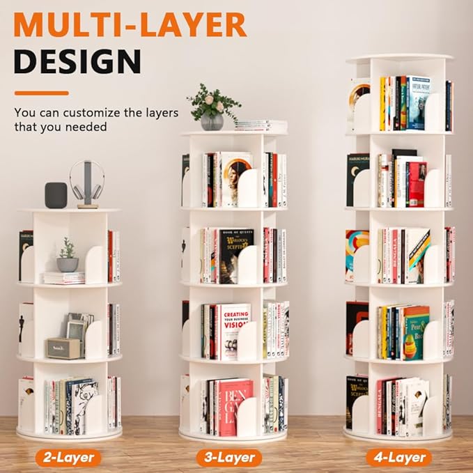Nidouillet Rotating Bookshelf Tower, 5 Tier Spinning Bookcase Lazy Susan, Revolving 360 Book Shelf Storage Round Organizer, Vertical Rotate Turning Corner Book Case for Small Space, White