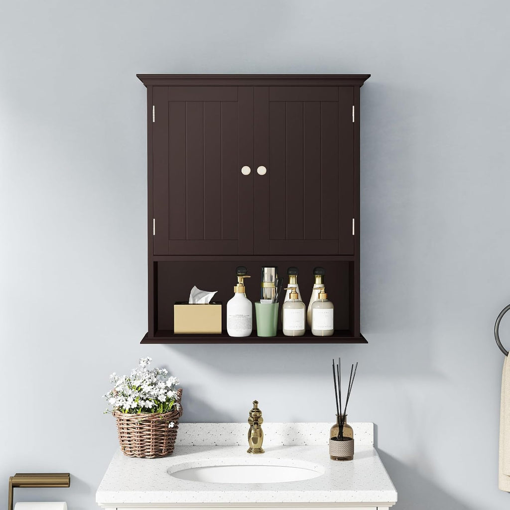 Tangkula Bathroom Wall Cabinet, Wooden Hanging Storage Cabinet with Doors & Shelves, Multipurpose Storage Cabinet for Restroom Kitchen Living Room, Wall Mounted Bathroom Medicine Cabinet (Brown)
