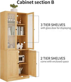 TUSY 71" TV Stand Storage Set - 2 Tall Bookcases & 2 Side Cabinets, Media Console with Glass & Wood Doors, Entertainment Center with Drawers, Tall Media Console for Living Room (Wood, AEEA)