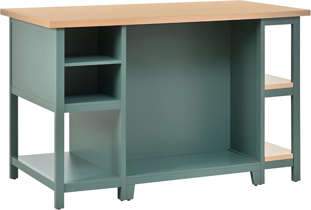Christopher Knight Home Aaron 58" Kitchen Island with Storage, Modern Island Table for Kitchen, Storage Cabinet with Open Shelves, Wooden Kitchen Prep Table, Coffee Station Cabinet, Green+Natural