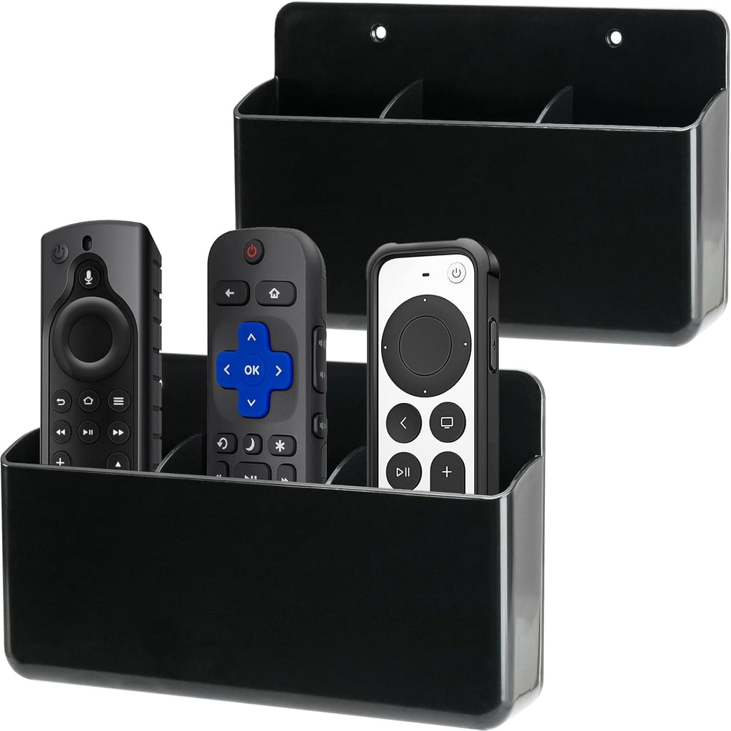 2 Pack Remote Control Organizer - 3 Slot Wall Mount TV Remote Holder, Self Adhesive Marker & Pen Storage for Home, Office, School (Black)