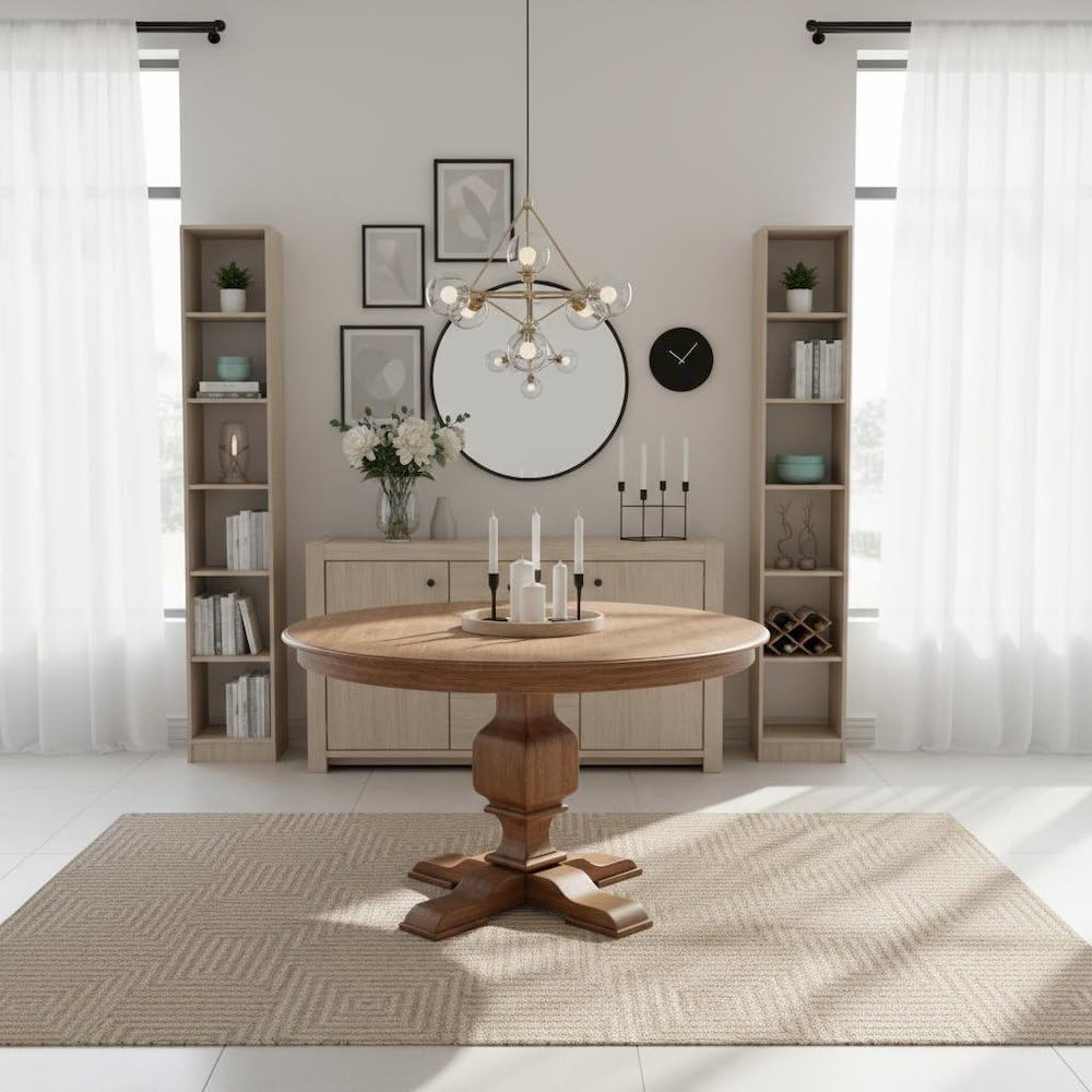 Furnifact Round Dining Table, Sandblasting Antique Walnut Wood Pedestal Table...