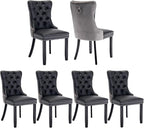 Dining Chairs Set of 6, Upholstered Dining Room Chairs with Back Ring Pull Trim and Solid Wood Legs, Modern Tufted Kitchen Chairs Perfect for Dining Room, Black Pu Leather Splicing Grey Velvet