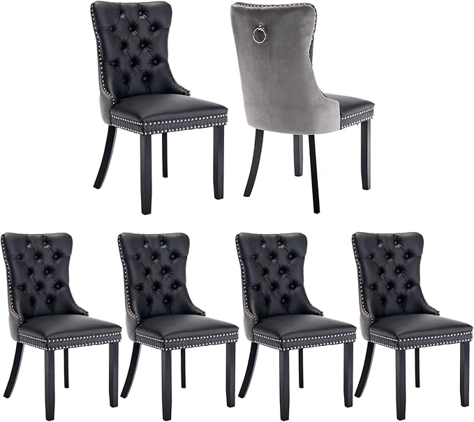 Dining Chairs Set of 6, Upholstered Dining Room Chairs with Back Ring Pull Trim and Solid Wood Legs, Modern Tufted Kitchen Chairs Perfect for Dining Room, Black Pu Leather Splicing Grey Velvet