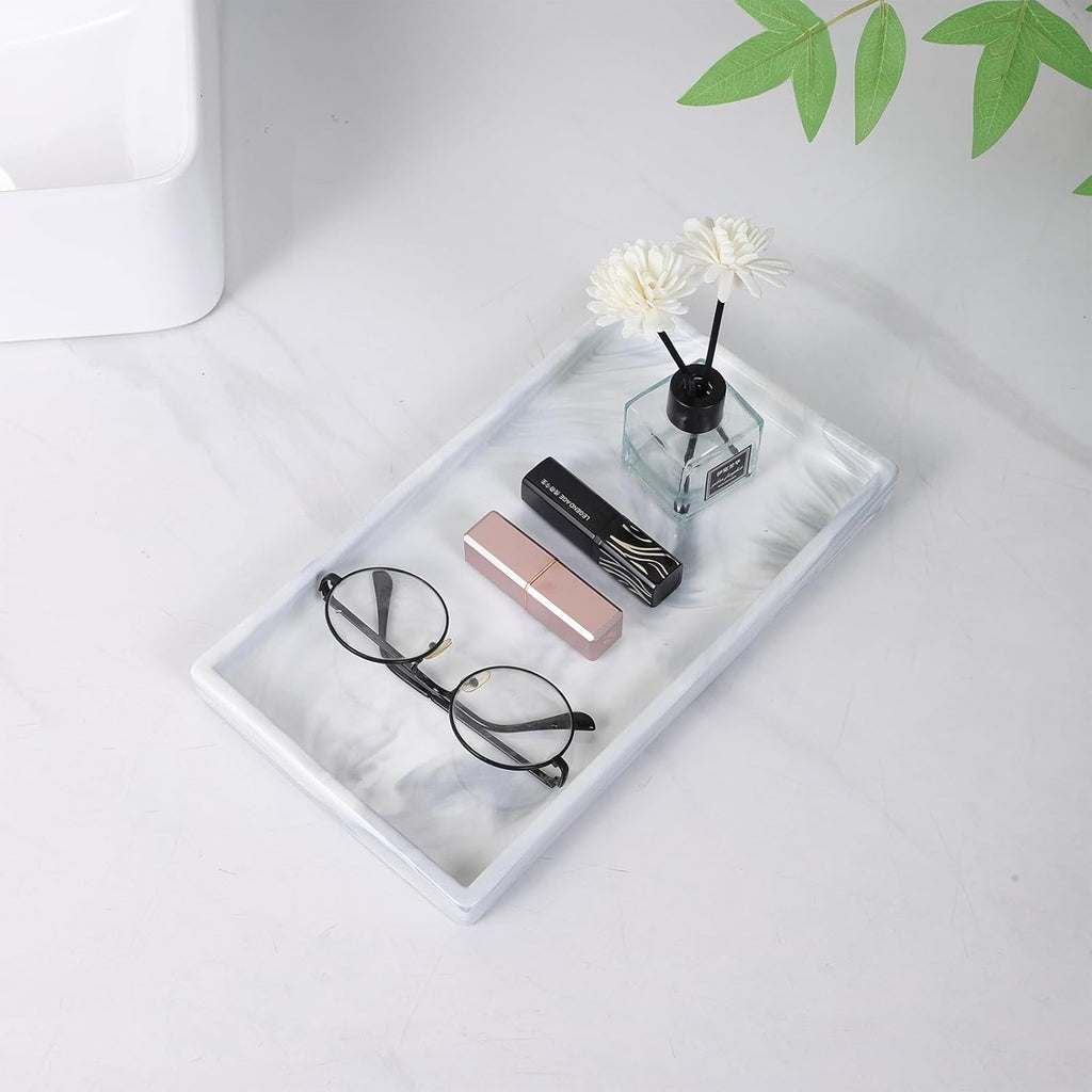 Bathroom Vanity Tray - 11'' Ceramic Rectangle Countertop Tray, Heavy-Duty Perfume Organizer Plate, Jewelry Ring Tray, Kitchen Soap Dispenser Stone Trays, Marble White