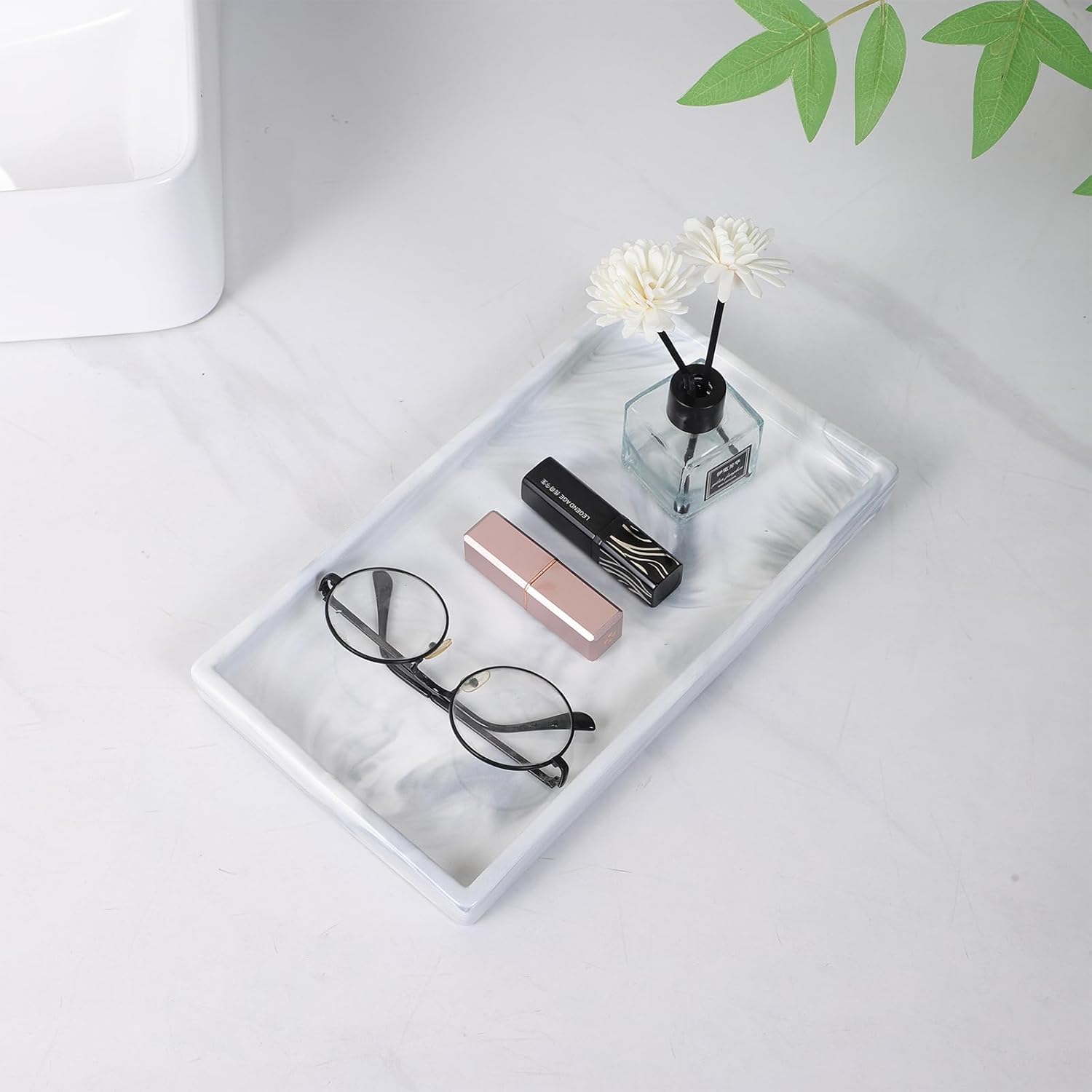 Bathroom Vanity Tray - 11'' Ceramic Rectangle Countertop Tray, Heavy-Duty Perfume Organizer Plate, Jewelry Ring Tray, Kitchen Soap Dispenser Stone Trays, Marble White