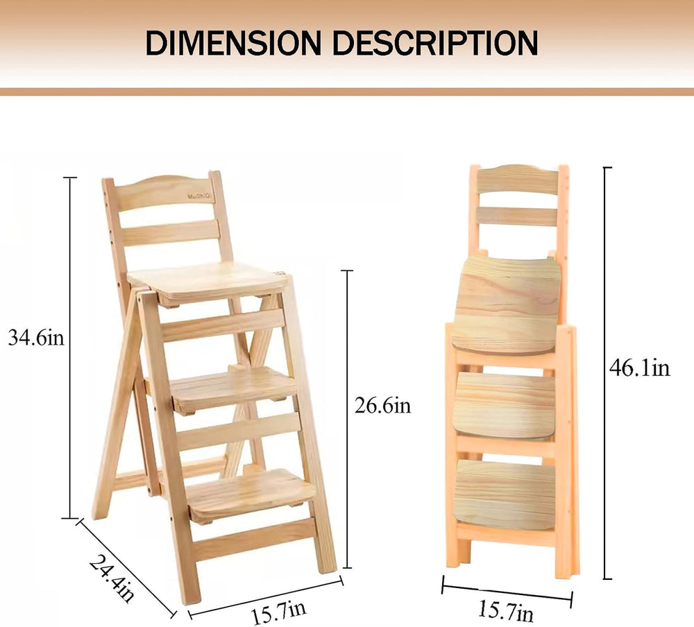 Folding Bar Stool, 3 Step Multifunction Portable Adults Solid Wood Ladder Sto...