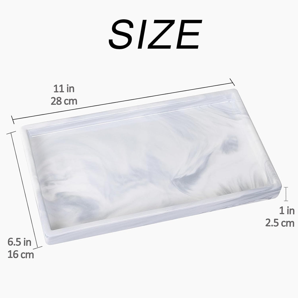Bathroom Vanity Tray - 11'' Ceramic Rectangle Countertop Tray, Heavy-Duty Perfume Organizer Plate, Jewelry Ring Tray, Kitchen Soap Dispenser Stone Trays, Marble White