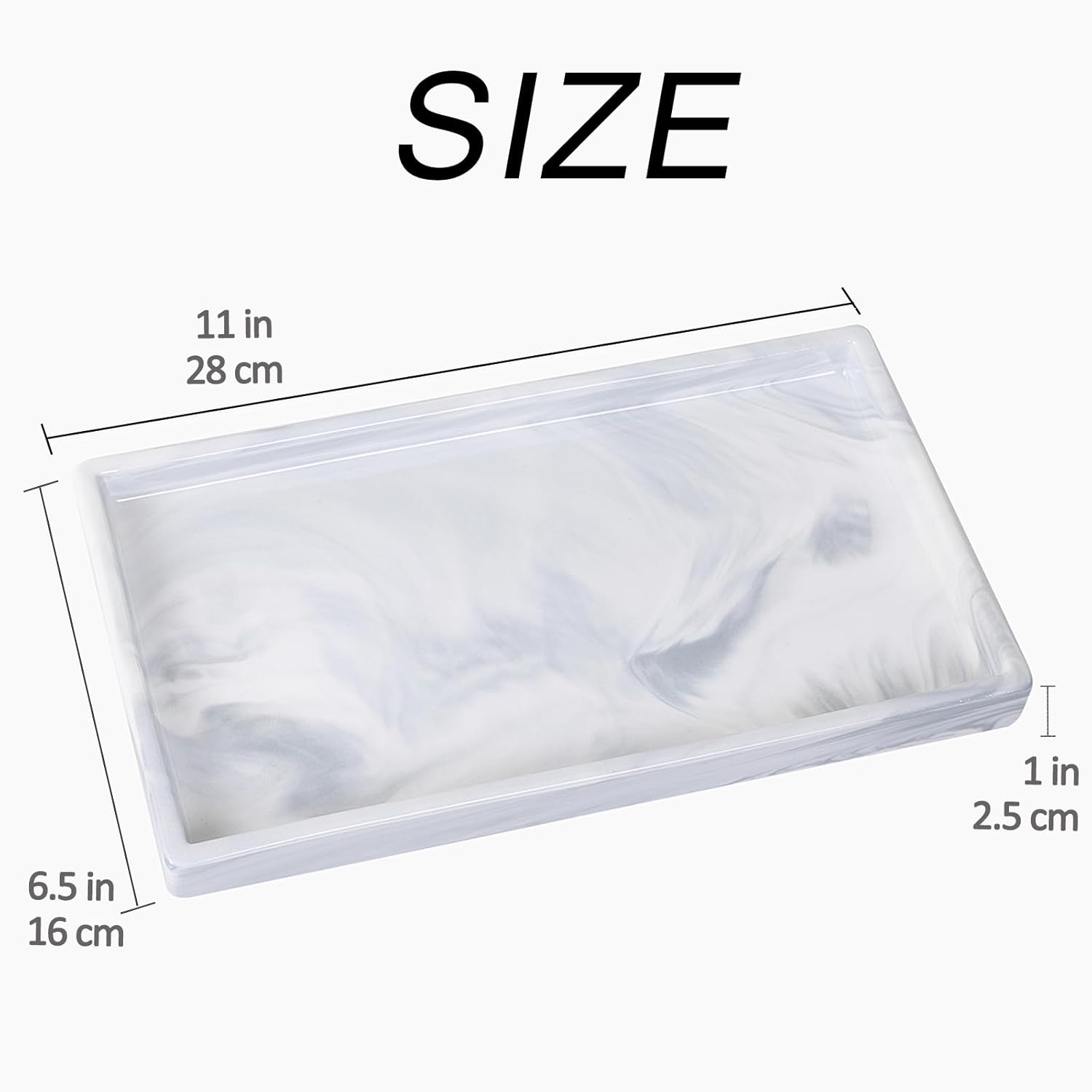 Bathroom Vanity Tray - 11'' Ceramic Rectangle Countertop Tray, Heavy-Duty Perfume Organizer Plate, Jewelry Ring Tray, Kitchen Soap Dispenser Stone Trays, Marble White