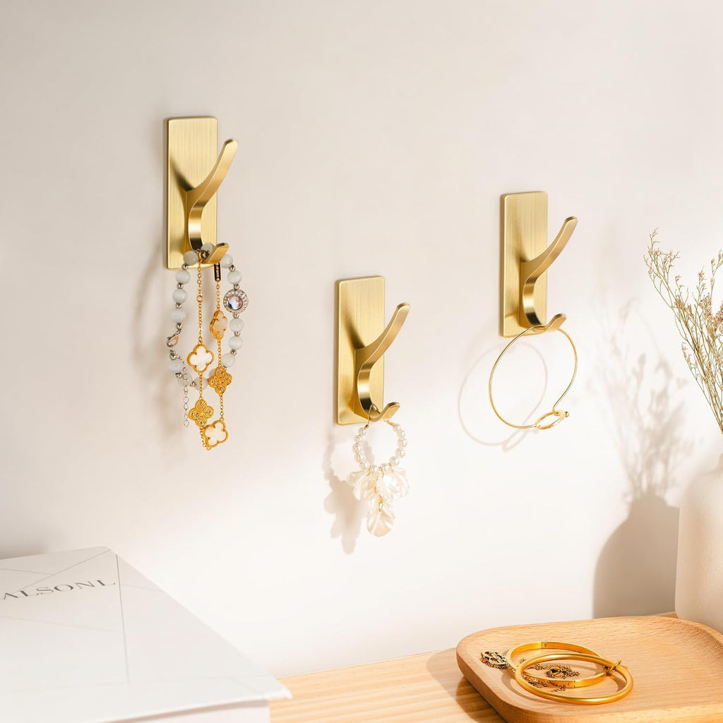 10 Pack Self Adhesive Coat Hooks for Hanging, Heavy Duty Stainless Double Wall Hook for Towel, Backpack, Hat, Sturdy Metal Hanger for Bathroom, Bedroom, Door, Wall Mounted, Brushed Gold
