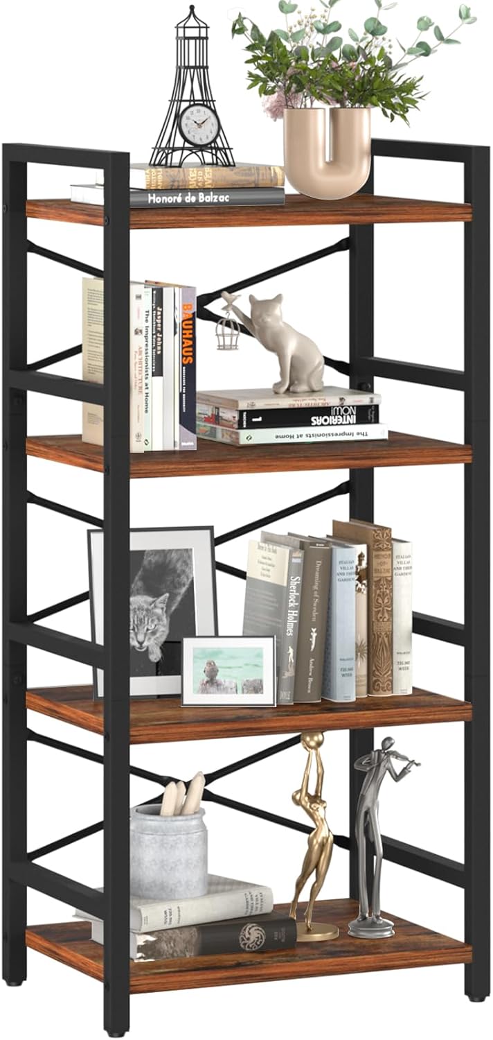 4 Tier Bookshelf, Small Book Shelf, Bookcase with Metal Frame & Wood Shelf