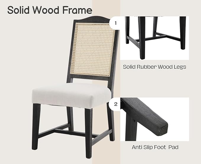EALSON Rattan Dining Chairs Set of 2 Linen Upholstered Dining Room Chairs with Cane Back Mid Century Modern Kitchen Chairs Black Wood Frame Side Chair for Dining Room, Beige