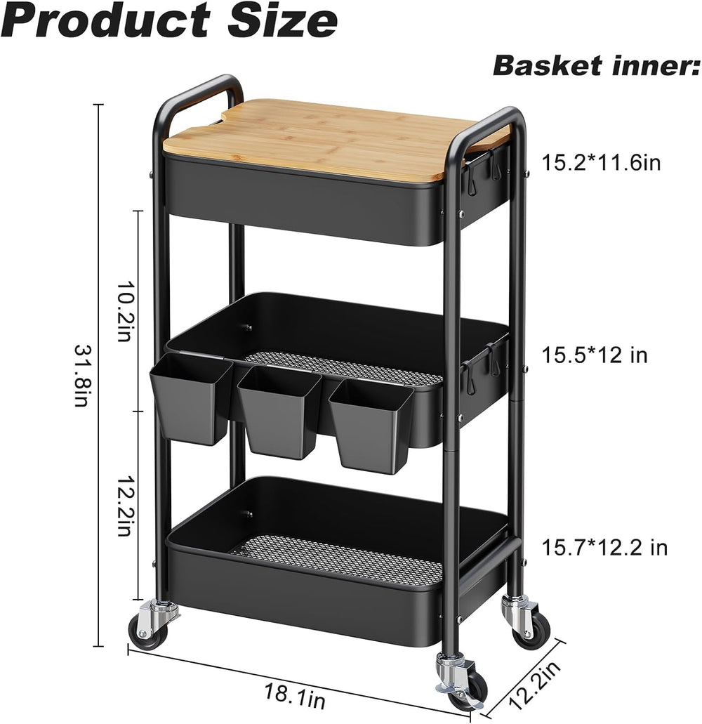 3 Tier Storage Rolling Cart with Wood Table Top on Lockable Wheels（Black）