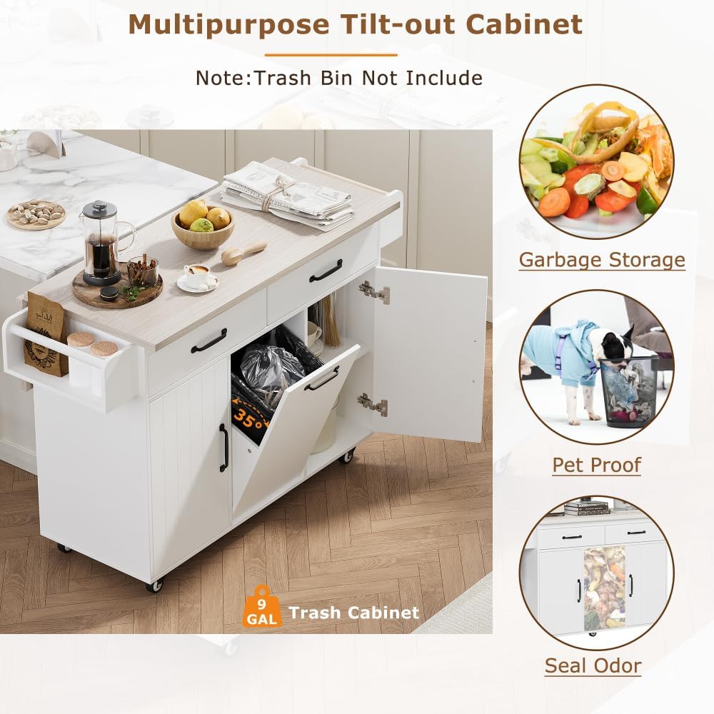 ZOEDO K&K Kitchen Island with Trash Can Storage Cabinet, Kitchen Cart wit...