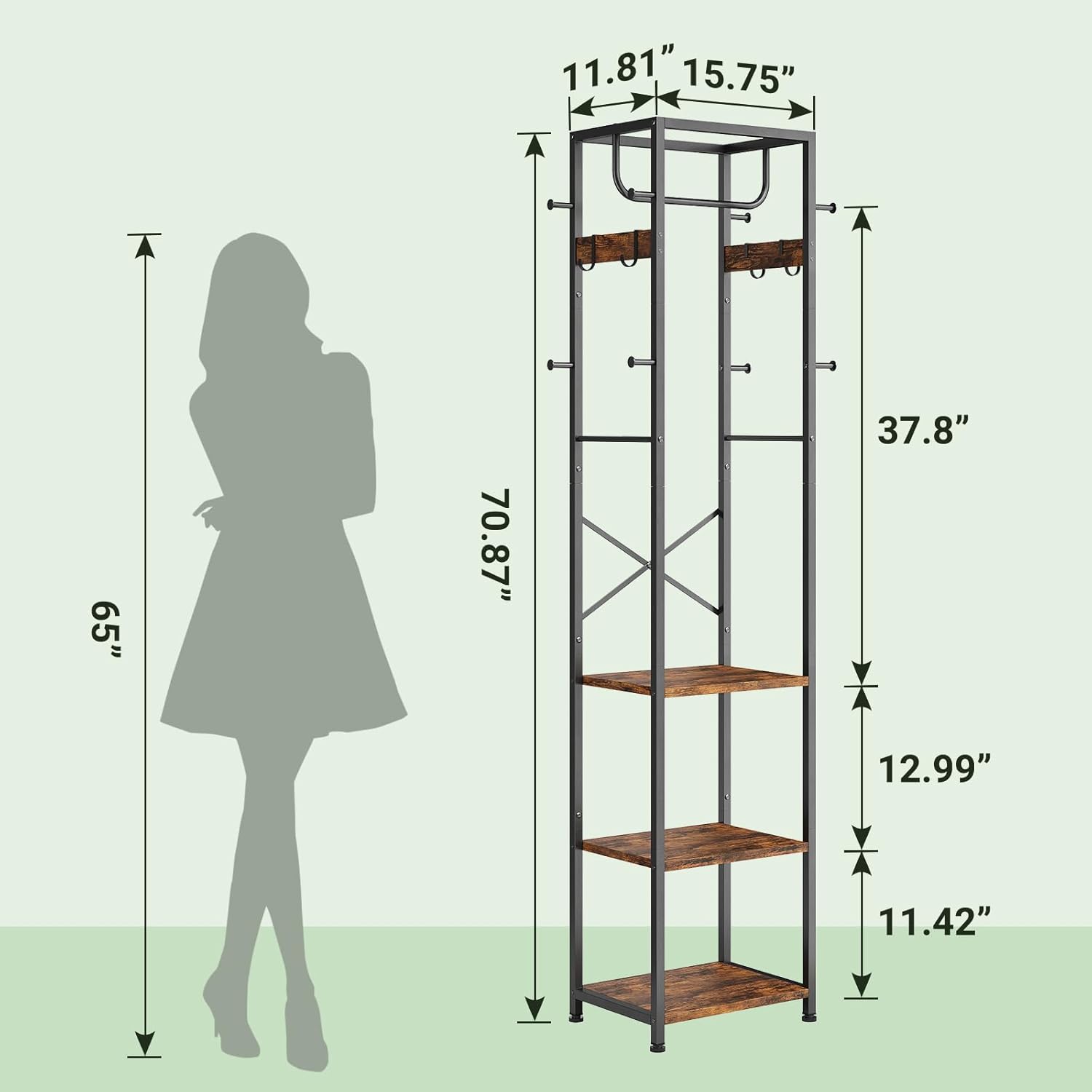 ELYKEN Coat Rack Freestanding, Hall Tree with 3 Storage Shelves and 12 Hooks, Industrial Clothes Rack Stand Organizer for Bedroom, Hallway, Entryway, Office, Living Room, Rustic Brown