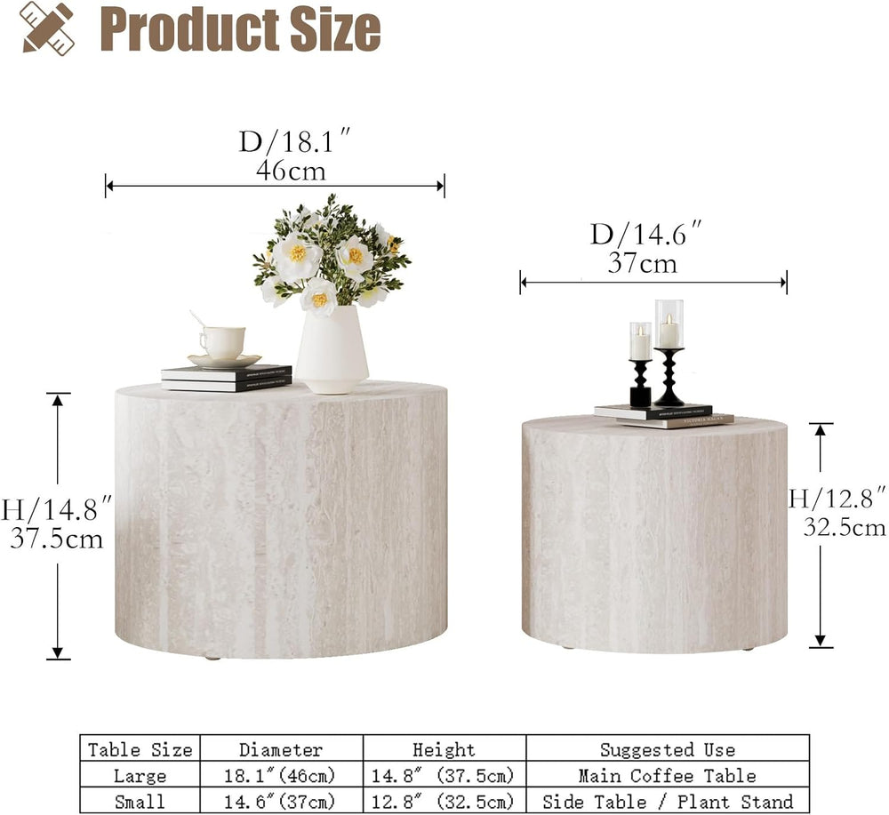 Nesting Coffee Table Set of 2 (C Light Beige Travertine) | Modern Round Coffe...