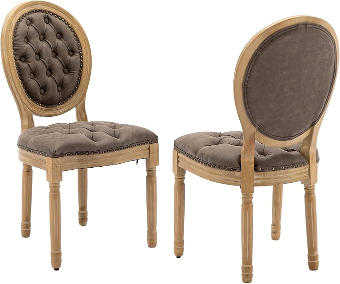 French Country Dining Chairs Set of 4,Farmhouse Upholstered Dining Room Chairs with Tufted Round Back&Solid Leg,PU Leather Kitchen Side Chairs for Kitchen/Bedroom/Dining Room,Brown