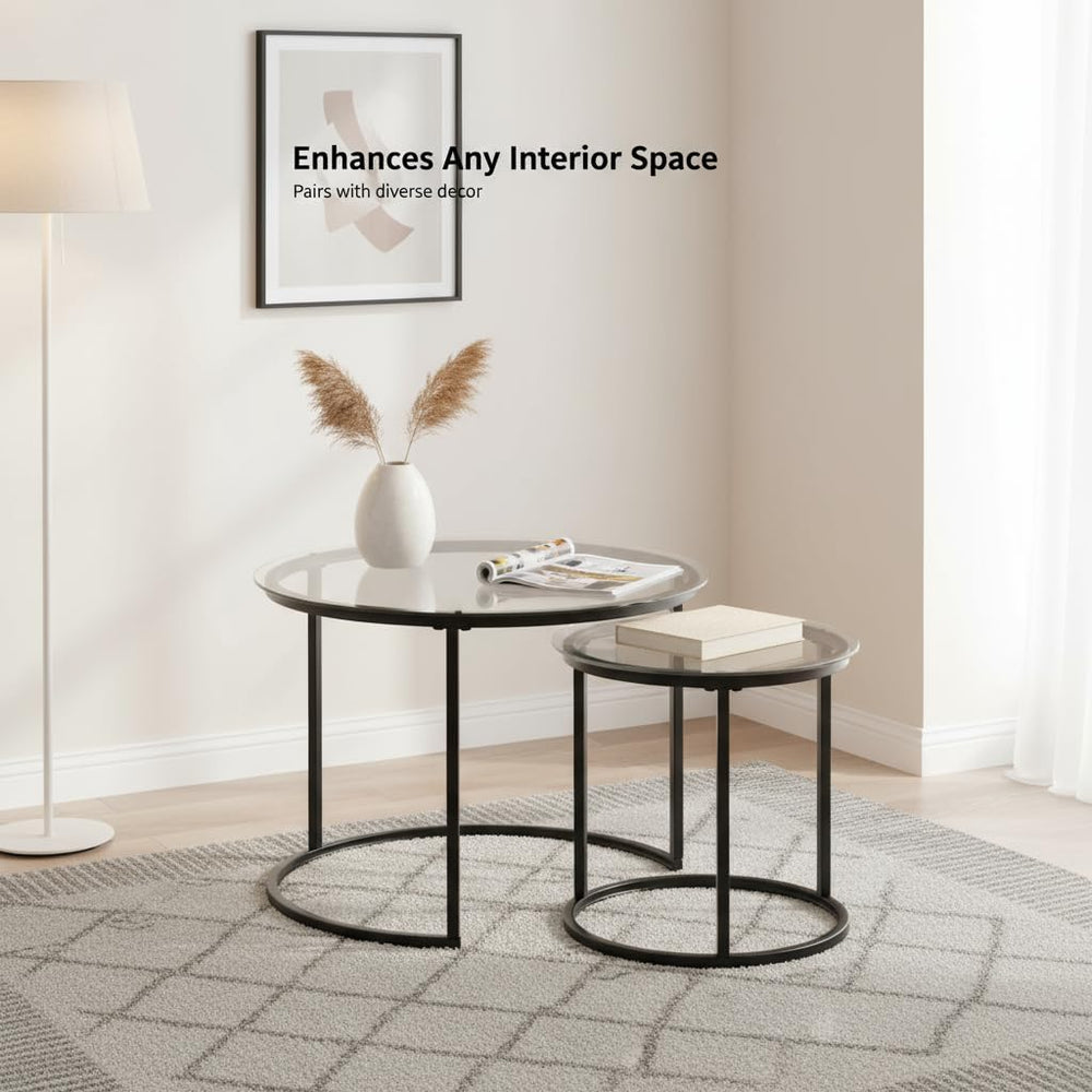 Round Nesting Coffee Table Set of 2, Glass Stacking Minimalist End Table