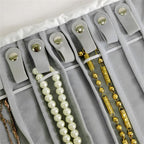 Portable Jewelry Roll Untangled Secure Necklace Travel Storage Bag Displays Holder 16 Chain (Gray PU and Gray Velvet)