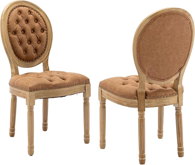 French Country Dining Chairs Set of 2,Farmhouse Upholstered Dining Room Chairs with Tufted Round Back&Solid Leg,PU Leather Kitchen Side Chairs for Kitchen/Bedroom/Dining Room,Tan