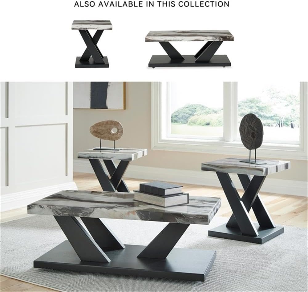 BOWERY HILL Coffee Table Set, 3-Piece, Faux White Marble Tops, Black Wood Fra...