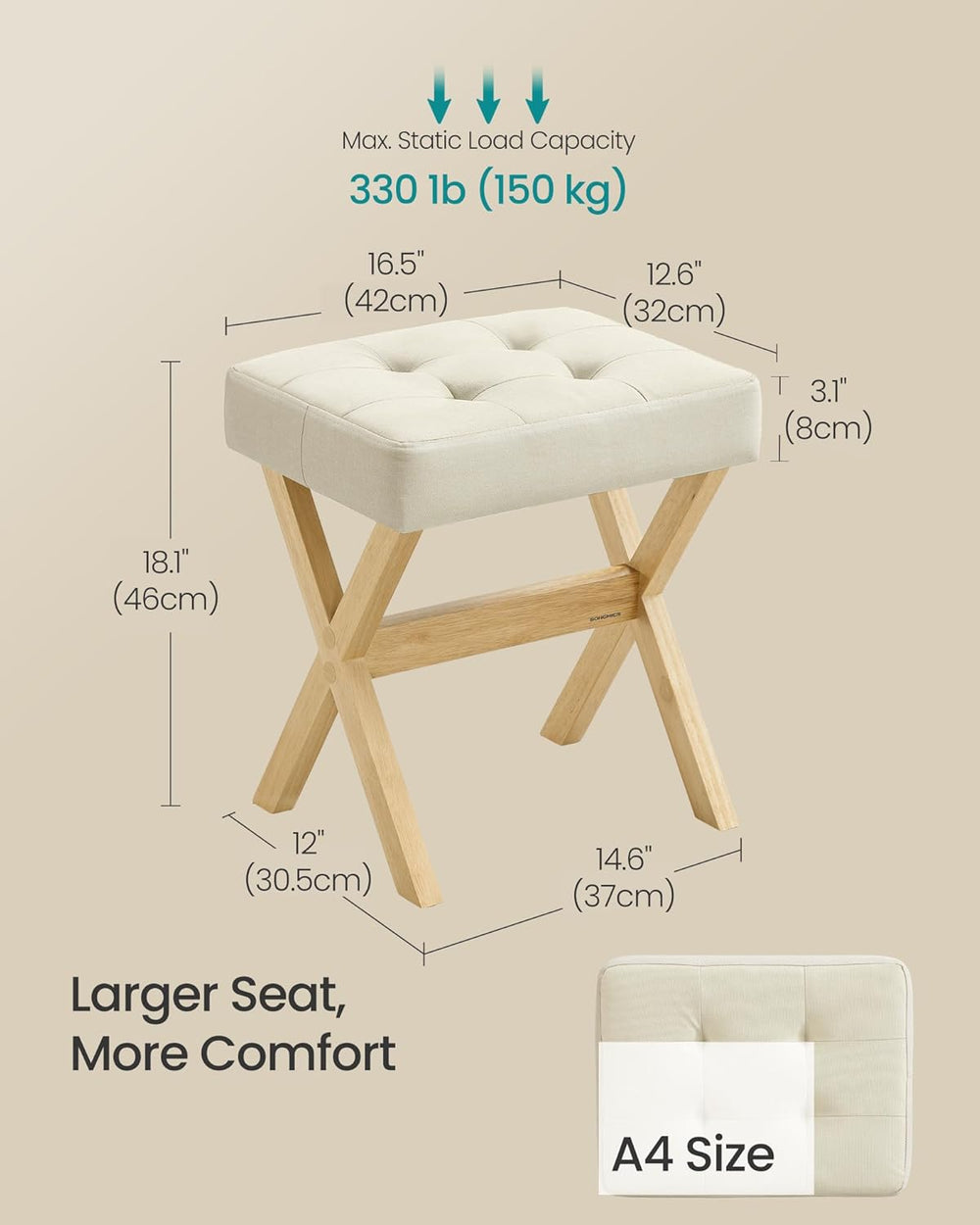 SONGMICS Makeup Stool, Padded Vanity Foot Rest, Solid Wood X Legs | 16.5 x 12...
