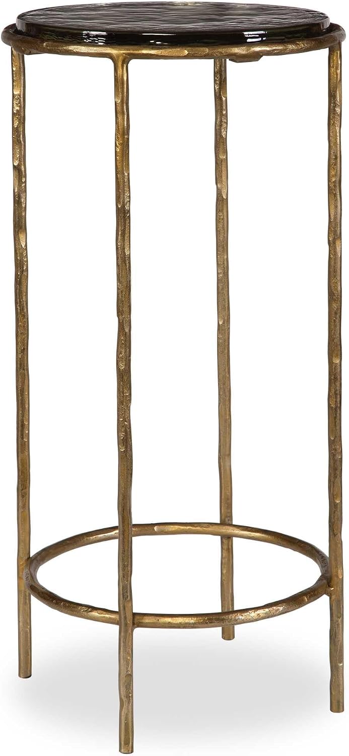 Antique Gold Textured Iron Accent Table with Recycled Glass Top Modern Round ...