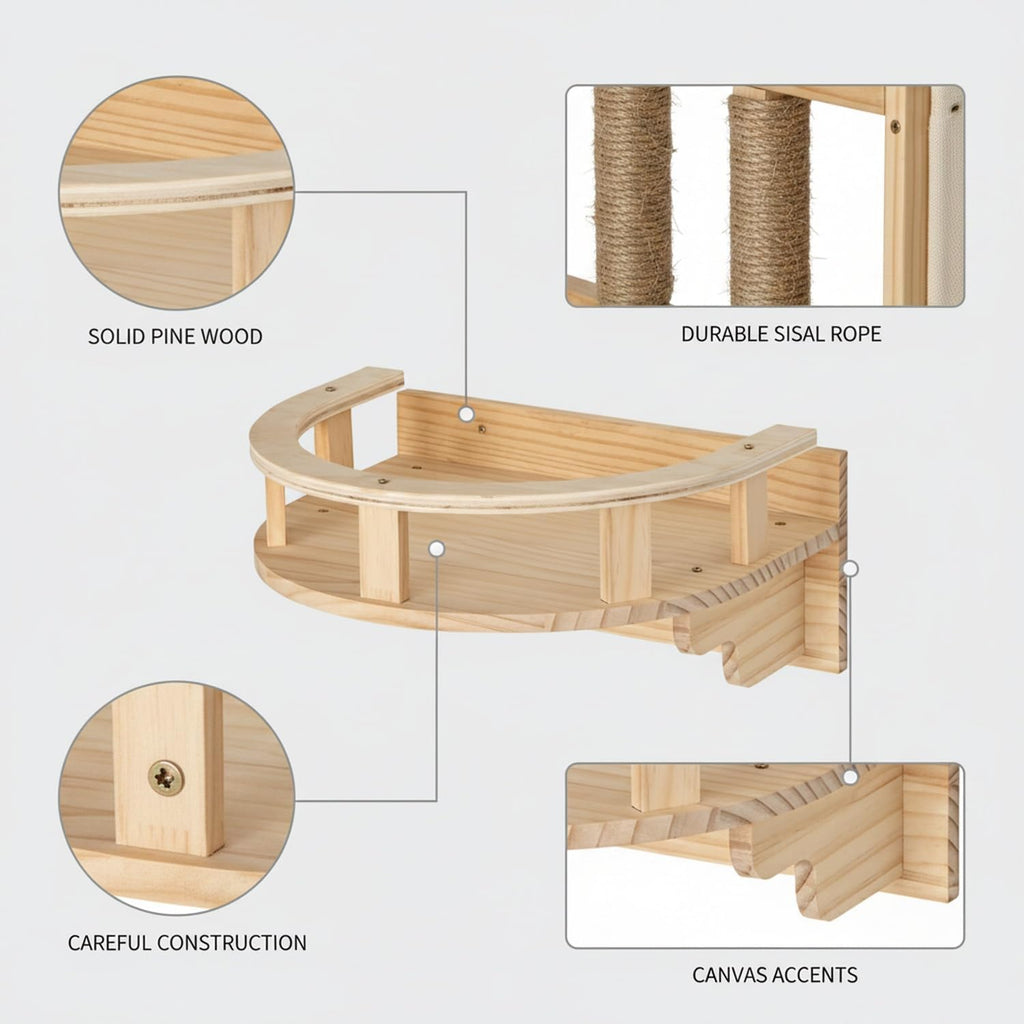 Space-Saving Wall Ladder: Solid Pine & Textured Rope Post for Apartments, 14 x 12 x 6.7 Inches
