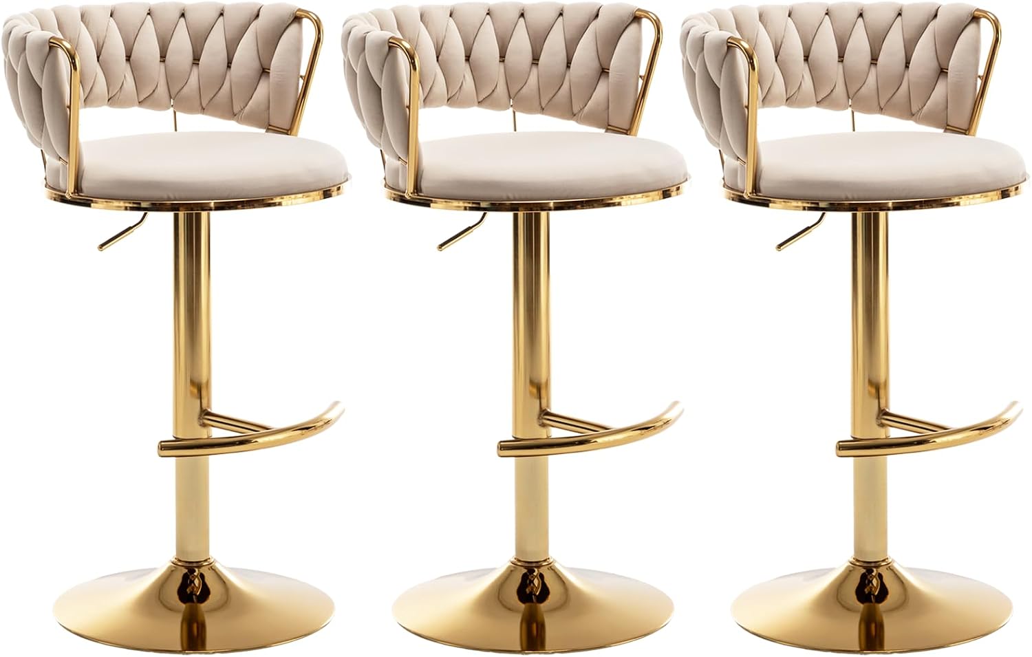 Riknuxi Velvet Bar Stools Set of 3, Counter Height Barstools with Low Back, Gold Swivel Bar Stool for Kitchen Island, Pub (Beige)