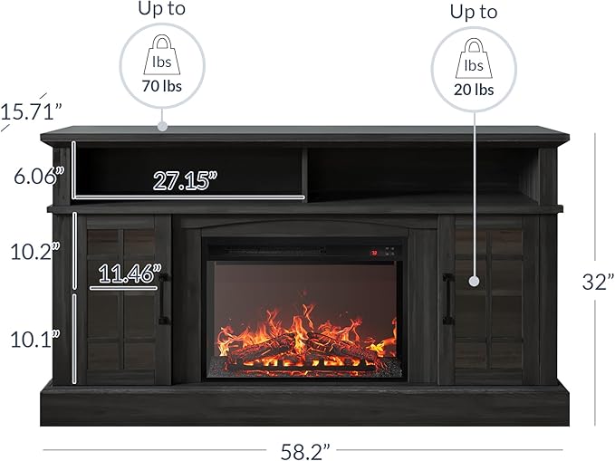 BELLEZE Traditional 58" Rustic TV Stand with 23" Electric Fireplace Heater with Sound, Media Entertainment Center Console Table for TV up to 65" with Open Storage Shelves and Cabinets - Rustic Grey