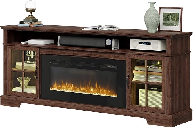70" Farmhouse TV Stand with 36" Fireplace for TVs up to 80", Media Entertainment Center with Adjustable Shelves and Large Storage Cabinets, for Living Room, Brown & Black