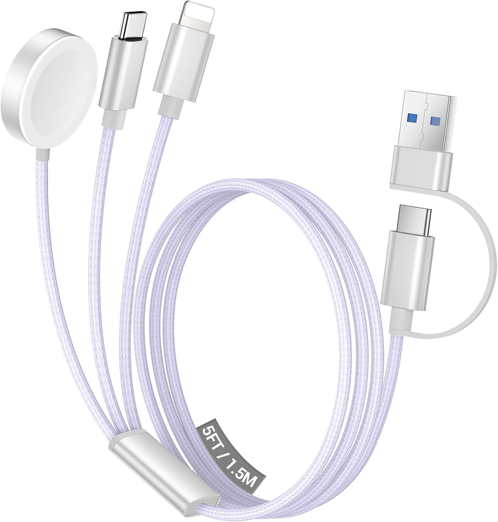 Temdan for Travel Vacation Essentials,3 in 2 USB C Cable for Apple Watch Charger/iPhone 17 Charger/Lightning,Multi Charging Cable Cord,Camping Essentials,Designed for iWatch &iPhone 16-12-5FT Purple