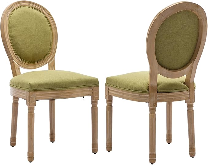 French Country Dining Chairs Set of 2,Farmhouse Upholstered Dining Room Chairs with Round Back and Solid Leg,Fabric Kitchen Side Chairs for Kitchen/Bedroom/Dining Room,Green