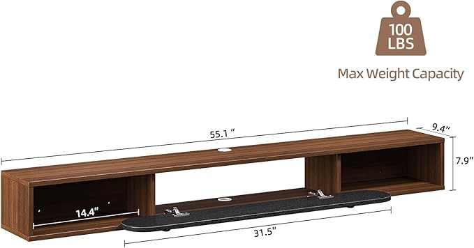 Furninova Floating TV Stand,Wall Mounted Entertainment Center for 65 Inch TV,Plywood Floating Media Console with 1 Flip Down Door & Cable Management,Modern Space Saving TV Shelf,55 Inch,Walnut & Black