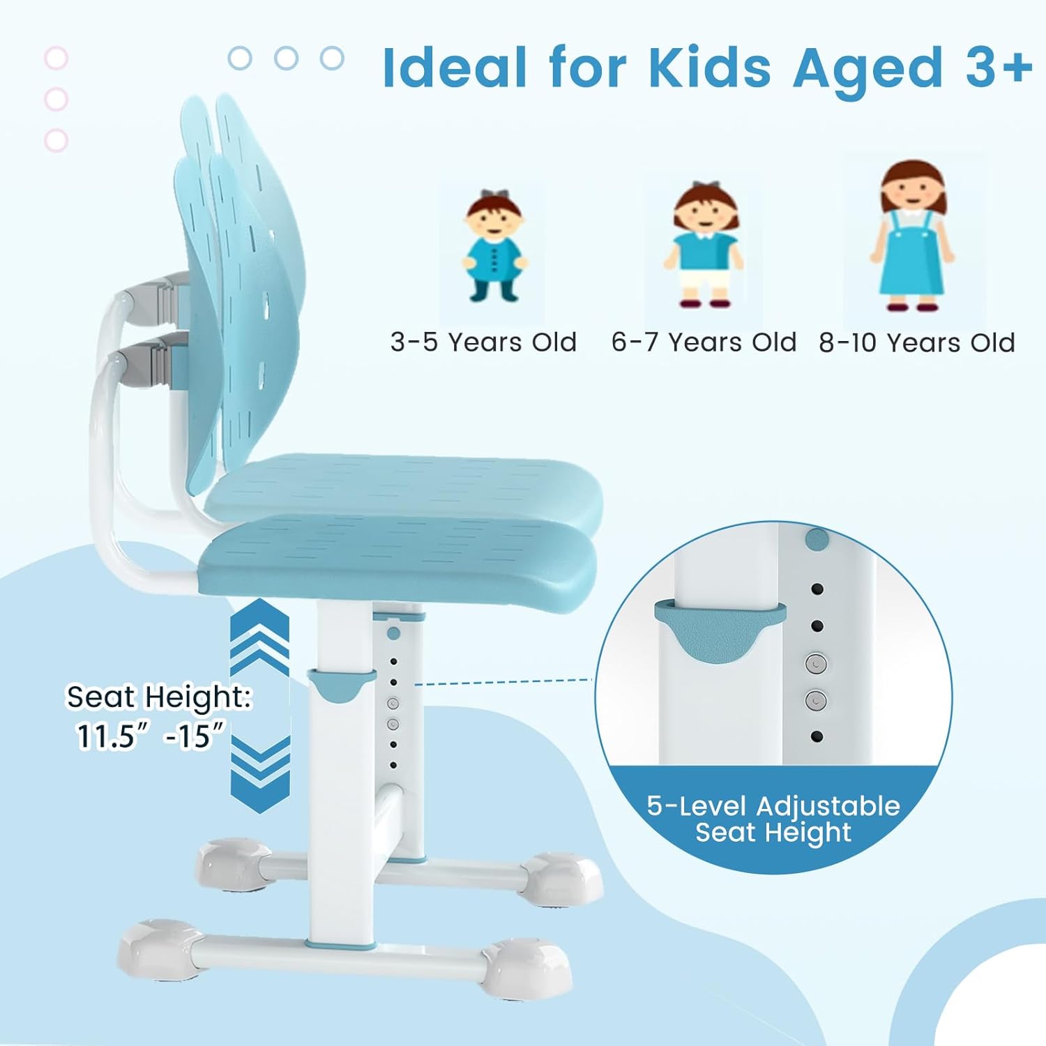 HONEY JOY Kids Desk Chair, Children Study Chair with Adjustable Height/Foot Pads, Adaptive Double Backrest, Kids Computer Chair for Teens Girls Boys, Home, School, Office (Blue)