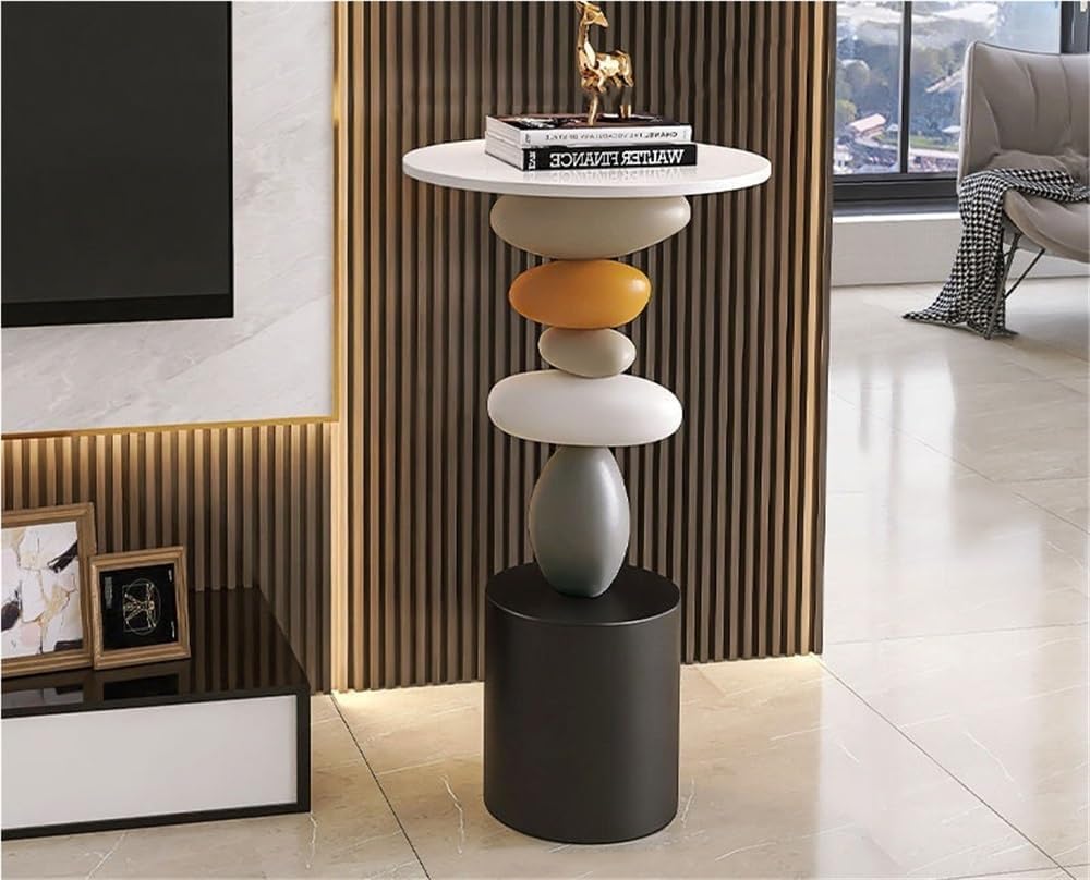 Stone-Shaped Side Table, Resin & Wood End Table, Sofa Side Table for Livi...
