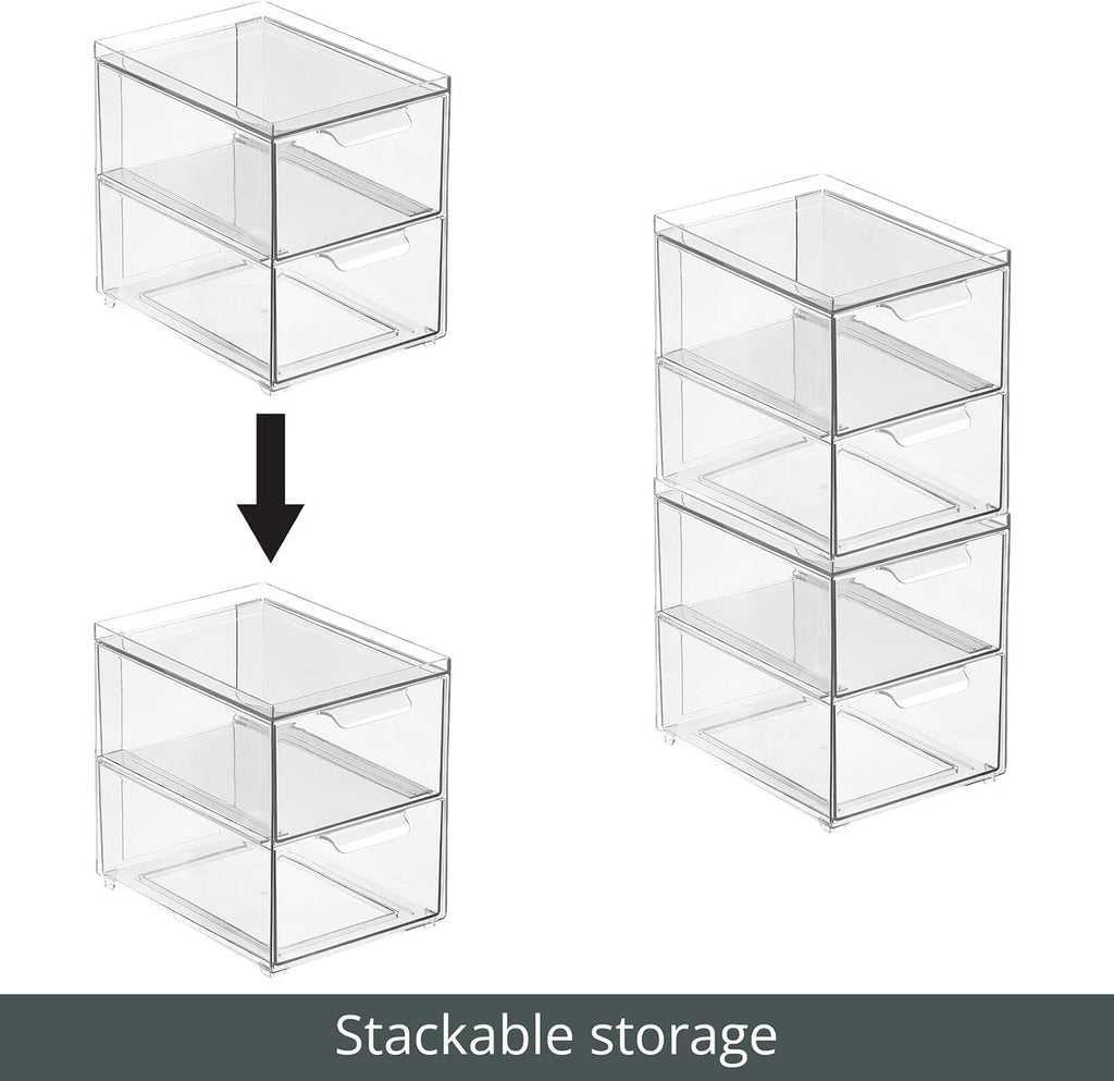 mDesign Stackable Storage Containers Box with 2 Pull-Out Drawers - Stacking Plastic Drawer Bins for Closet Organization, Linen, Coat, Bedroom or Entryway Closets - Lumiere Collection - 2 Pack - Clear