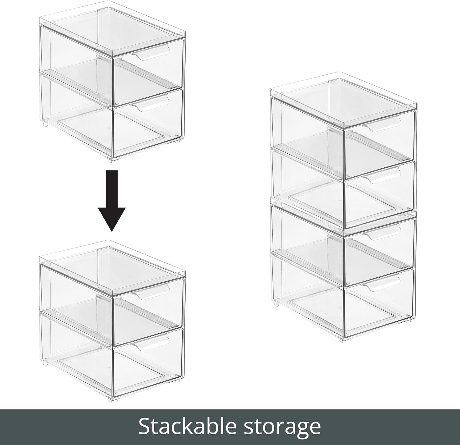 mDesign Stackable Storage Containers Box with 2 Pull-Out Drawers - Stacking Plastic Drawer Bins for Closet Organization, Linen, Coat, Bedroom or Entryway Closets - Lumiere Collection - 2 Pack - Clear