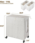 Greenstell Laundry Hamper with Wheels, No Install Needed, 110L Divided Handwoven Hampers & 2 Removable Liner Bags, Rattan Clothes Laundry Basket with Lid & Handles, Foldable Hampers White