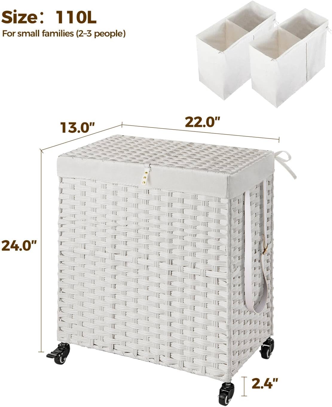 Greenstell Laundry Hamper with Wheels, No Install Needed, 110L Divided Handwoven Hampers & 2 Removable Liner Bags, Rattan Clothes Laundry Basket with Lid & Handles, Foldable Hampers White