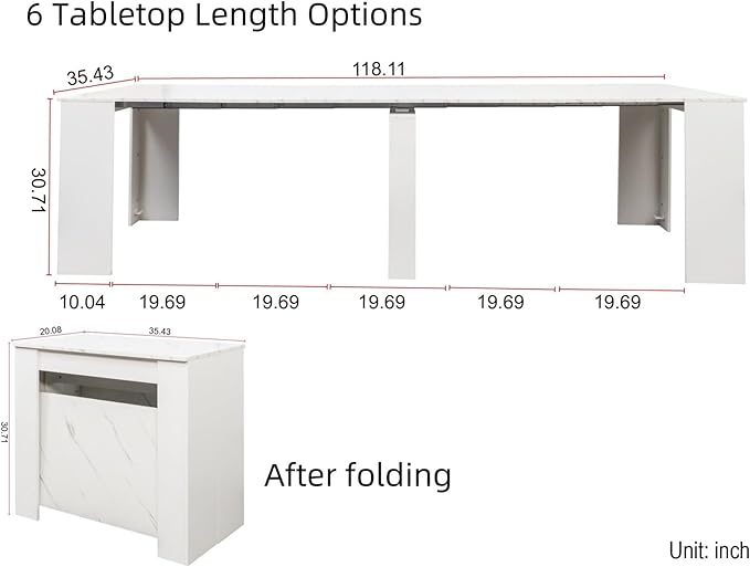 KEIKI 20”-118.5”L Extendable Foldable Dining Room Table for 1-10 People, Wood Modern Rustic Rectangle Expandable Kitchen Living Meeting Room Furniture, 6 Tabletop Length Options, Marble White