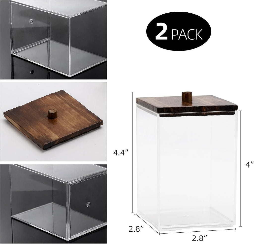 Tbestmax Bathroom Organizer Accessories Set-12/7 oz Qtips Holder Storage, Clear Cotton Ball/Swabs Dispenser, Plastic Square Apothecary Jars with Brown Wood Lids