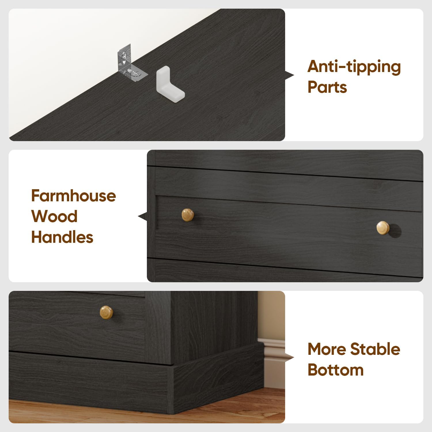 Vyre 71" Tall Farmhouse Kitchen Pantry, Set of 3 Large Storage Cabinets with 3 Drawers, Adjustable Shelves, Wood Versatile Hutch Cabinet for Living Room, Dining Room, Black