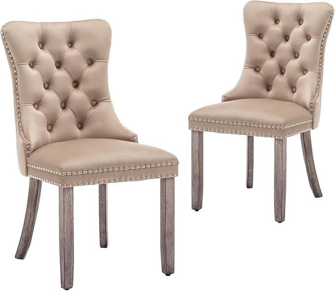 Velvet Dining Chairs Set of 2,Upholstered Dining Chairs with Ring Pull Trim and Button Back,Modern Seating for Kitchen, Bedroom & Living Room(Khaki)