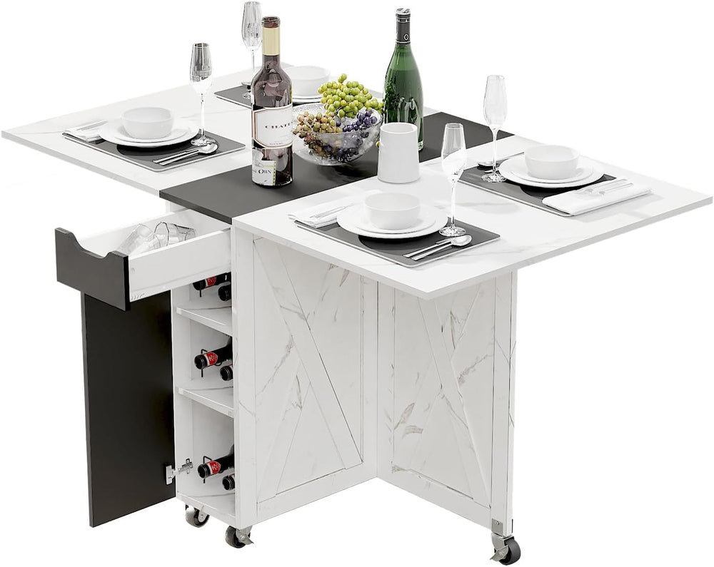 Folding Dining Table with Drawer,3-Tier Wine Cooler Storage and 2-Layer Metal...