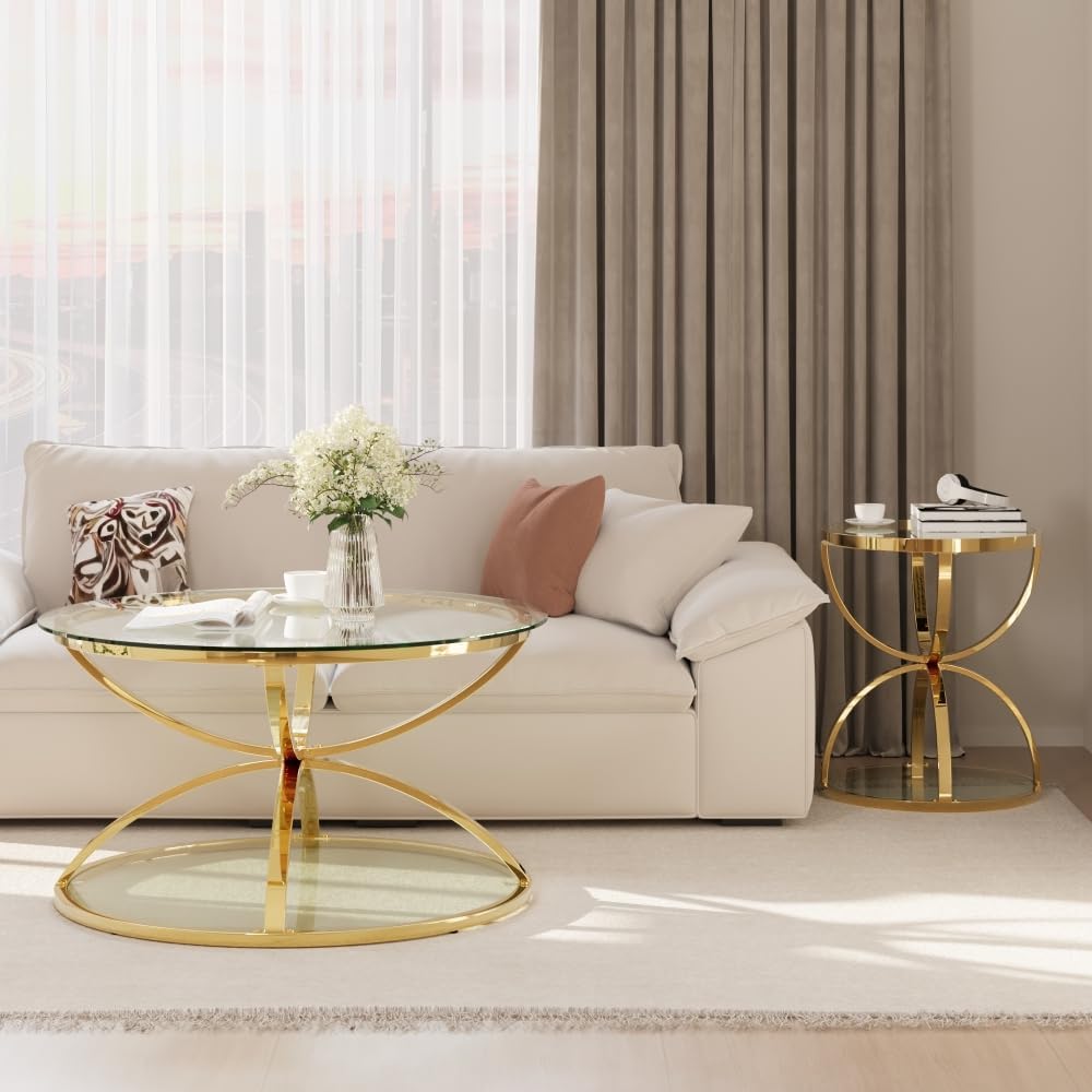 Round Coffee Table Set of 2, Gold Metal Frame with Clear Tempered Glass | Rin...