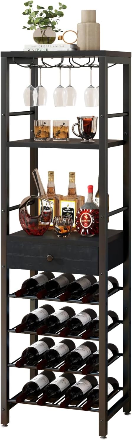 IBUYKE Wine Rack Freestanding Floor with Glass Holder,Black TMJ905B | Bar Cab...