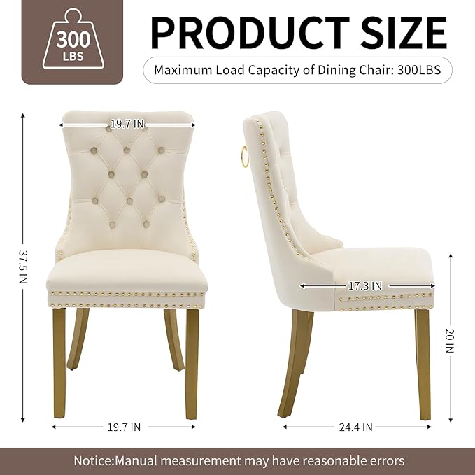 Velvet Dining Chairs Set of 2, High-end Tufted Upholstered Dining Chair with Back Ring Pull, Nailhead Trim and Golden Solid Wood Legs, Modern Dining Room Chairs for Dining Room, Cream